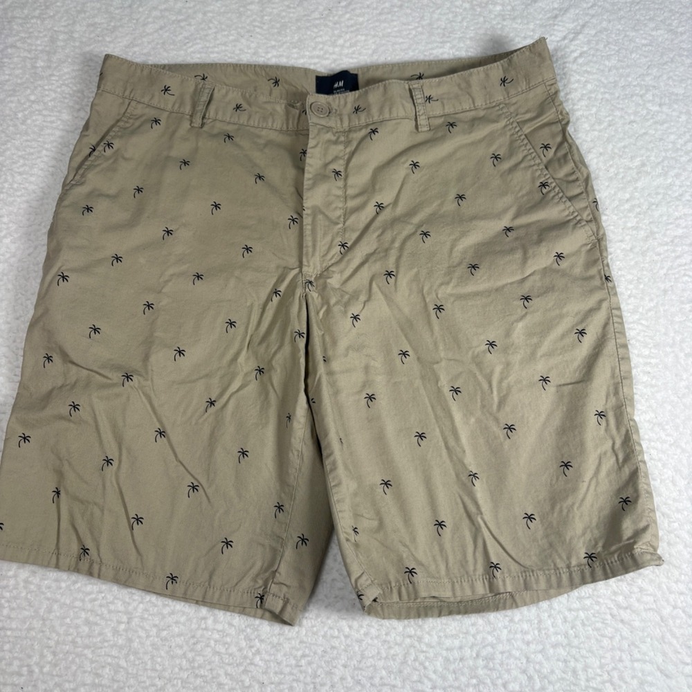 H&M Men's Beige Cactus Chino Shorts Cotton Slim Fit Flat Front Button Pockets